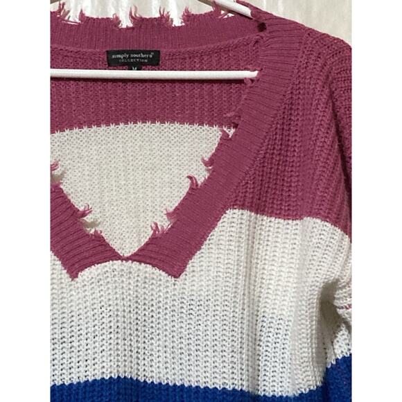 Simply Southerns Sweater Women’s Medium Distressed Striped Pink White Blue - Picture 7 of 10